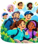 Friends smiling with avatar bubbles above them