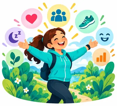 Happy walker surrounded by wellbeing icon bubbles