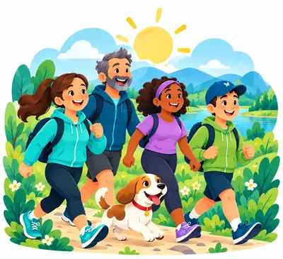 Four friends and a beagle walking happily in the mountains