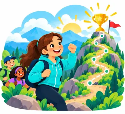 Walker climbing a trail to a trophy on a mountain peak