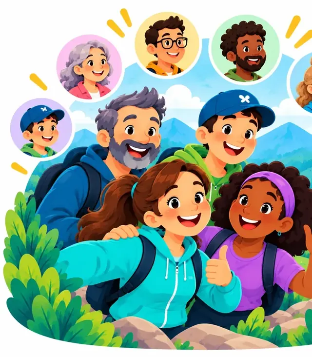 Friends smiling with avatar bubbles above them