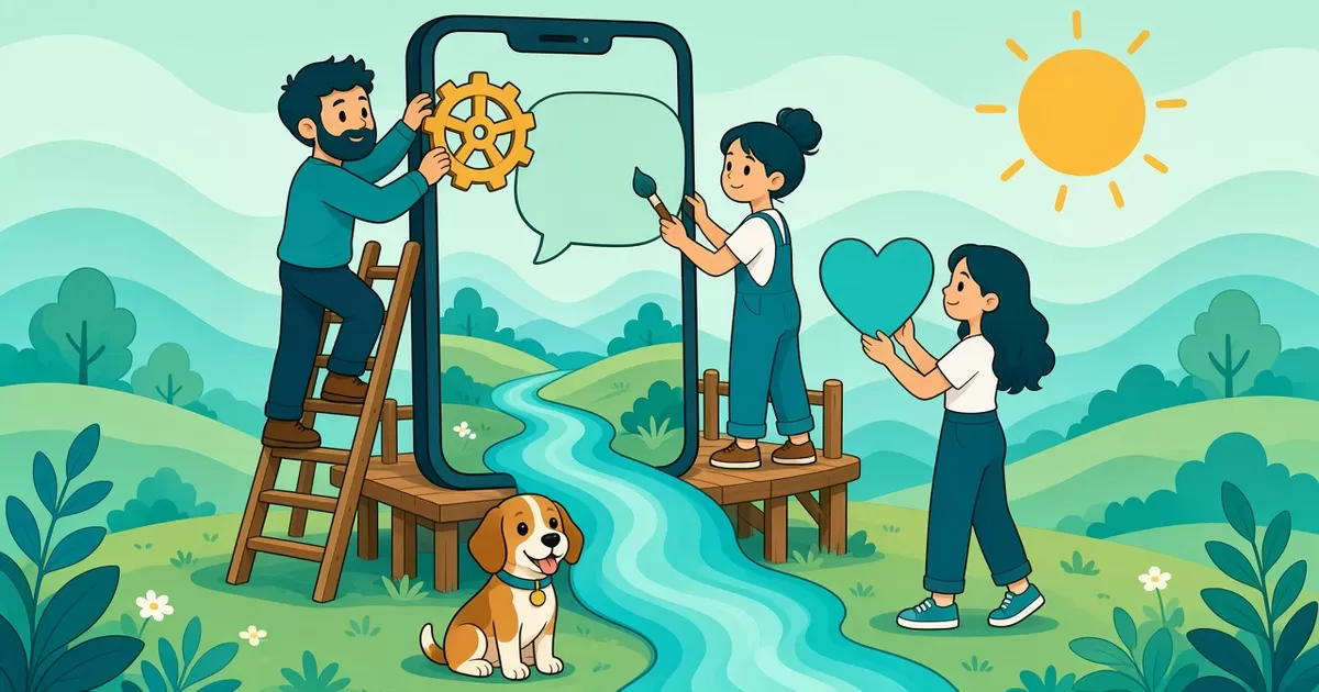A cartoon dad on a ladder fits a gold cog onto a giant phone while one daughter paints a speech bubble on its screen and the other holds up a teal heart; a river flows out of the phone and a beagle sits at the bottom.