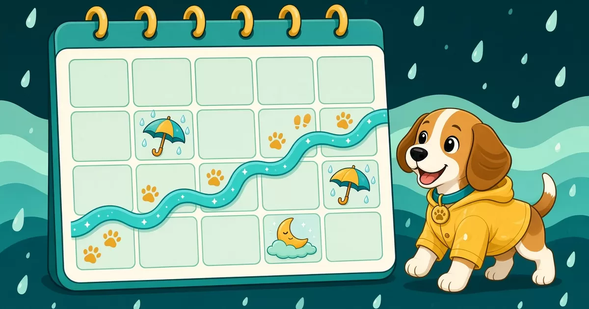 A cartoon wall calendar with a wavy turquoise trail and gold paw prints across the days, a few days marked with an umbrella or a sleeping moon, and a happy beagle in a yellow raincoat beside it in the rain.