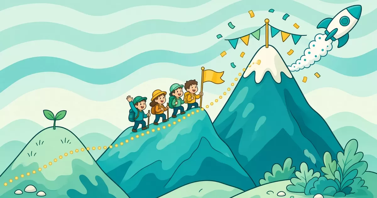 Three cartoon mountains getting taller, joined by a dotted gold trail: a small hill with a sprout, a middle mountain where four hikers climb with a gold flag, and a snowy peak topped with bunting and confetti as a rocket flies past.