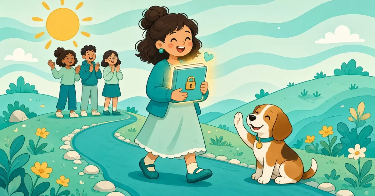 A smiling cartoon woman walks along a teal path hugging a glowing notebook with a padlock on it, while three friends clap behind her and a beagle sitting by the path raises a paw for a high-five.