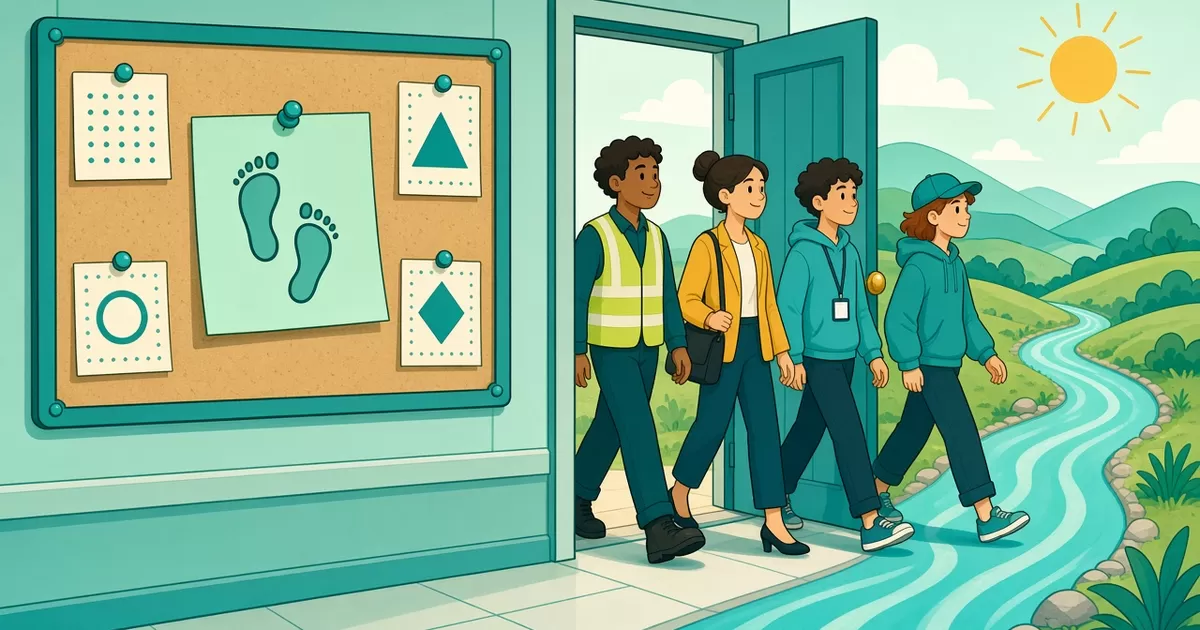 A cartoon noticeboard pinned with a mint note showing footprints, next to an open door where four colleagues, one in a hi-vis vest and one wearing a lanyard, walk out onto a winding turquoise path towards sunny hills.