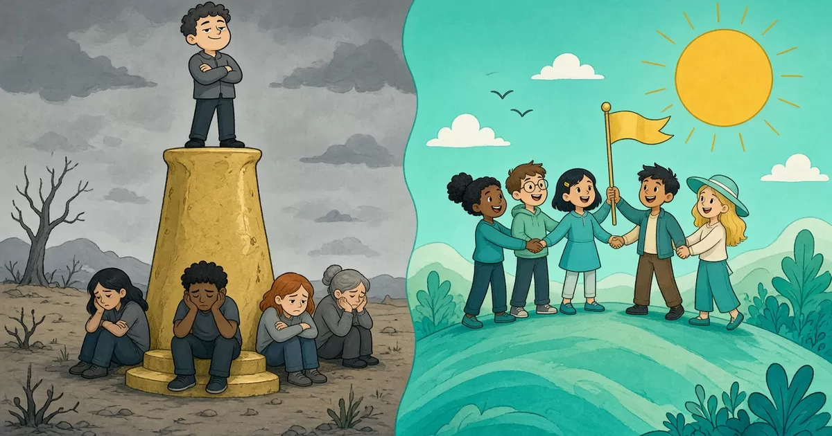 A split cartoon scene: on the grey left, one figure stands alone on a gold podium while four people sit glum below it; on the bright teal right, a group of friends hold hands on a hill and raise a gold flag under the sun.