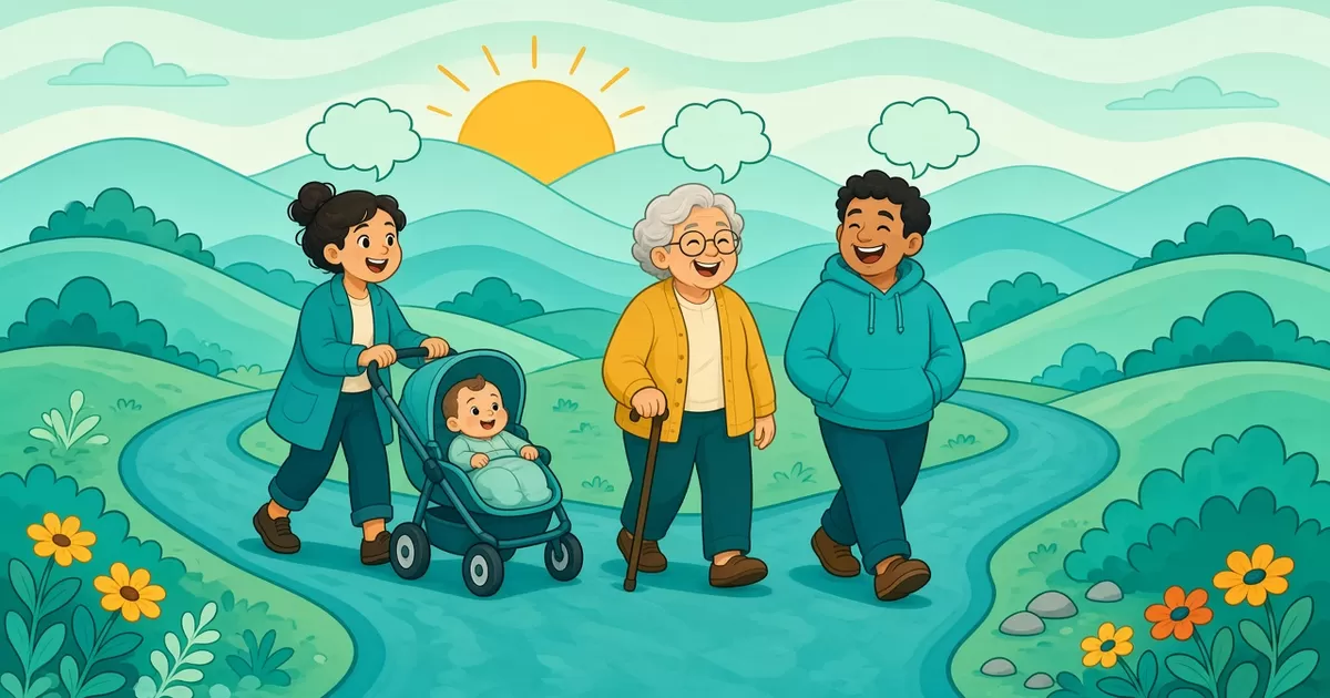 Three cartoon friends walking together along a winding teal path through green hills: a woman pushing a baby in a buggy, a smiling grandmother with a walking stick and a young man in a hoodie, with speech bubbles and a gold sun above.